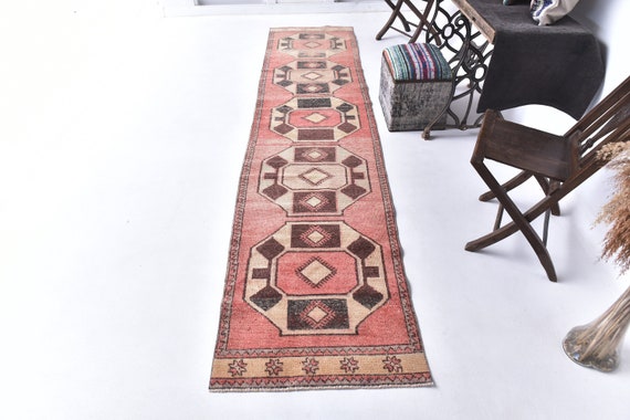 3x12 Vintage Runner, 3x12 Red Beige Vintage Runner Rug 3x12 Rustic Handmade Wool Rug 3x12 Runner Rug Oriental Runners 3x12 Turkish Runner