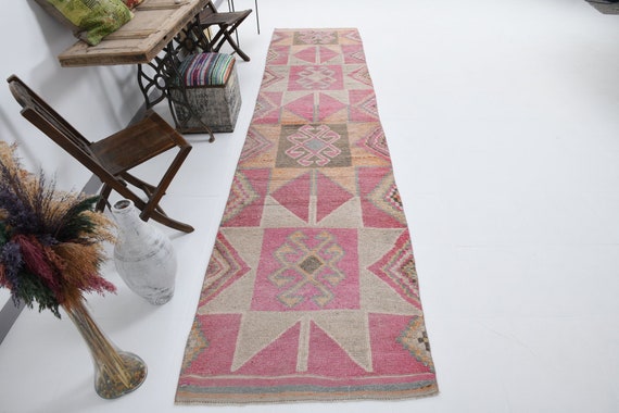 3x13 Pink & Pastel Vintage Runner Rug, 3x13 Vintage Runner, 3x13 Runners, Oushak Handmade Herki, Geometric Hallway Deco, Rug For Hallway