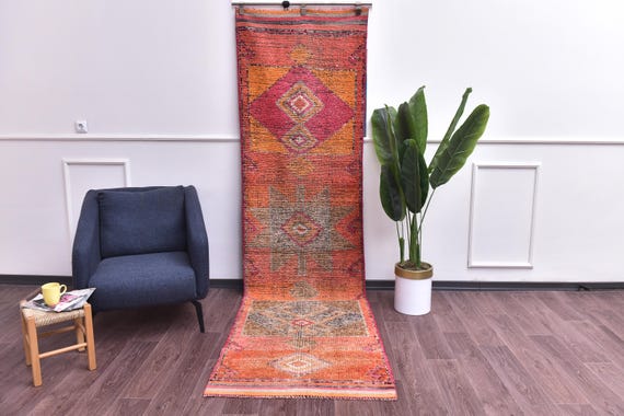 3x10 Vintage Turkish Runner Rug, Coral Red Gray Color, Handmade Soft Wool Rug, Hallway Kitchen Runner Rug