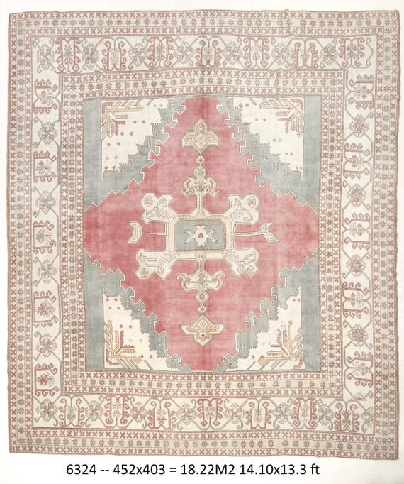 13x15 Vintage Faded Oversize Turkish Oushak Unique Rug, Red Blue Color Rug