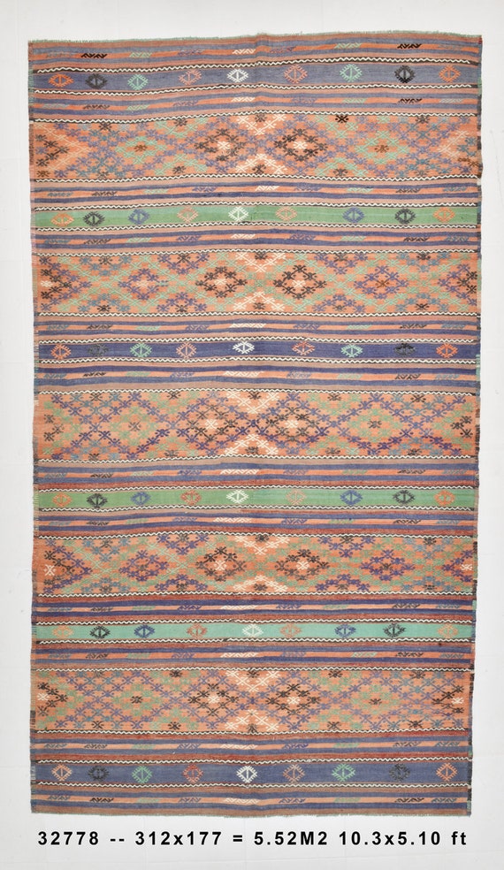 6x10 Area Rug, 6x10 TURKISH VINTAGE KILIM Rug, 6x10,  Green & Blue Kilim Rug, Handmade Wool Oushak, 6x10 Oversize Kilim, Rug For Living Room