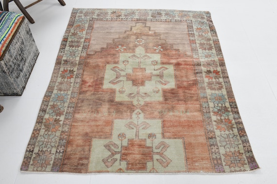 4x5 Area Rug, 4x5 Vintage Rug, 4x5 DISTRESSED TURKISH VINTAGE Rug, 4x5, Classic Handmade Oushak, 4x5 Rugs, Brown & Dark Red Vintage, 57s