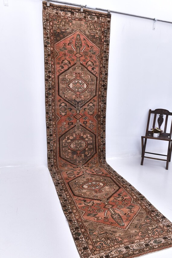 3x13 Red & Brown Persian Runner Rug, 3x13 Persian Runner 3x13 Rug Handmade Wool Rug 3x13 Runner Rug 3x13 Vintage Runner Rugs For Hallway Rug