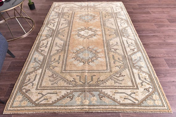 5x8 Vintage Turkish Milas Rug, 5x8 Faded Area Rug, Peach Blue Color, 5x8 Handmade Wool Rug, Living Room Bedroom Rug, 5x8 Vintage Tribal Rug