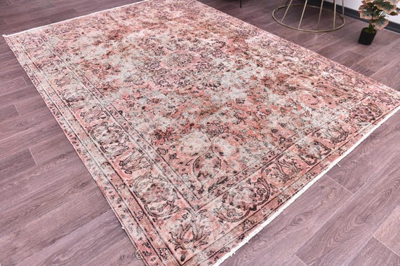 6x9 Vintage Overdyed Salmon Rug, Handmade Wool Rug, 6x9 Salmon Black Color, Abstrach Patterned Rug, Farmhouse Rug, 6x9 Living Room Rug