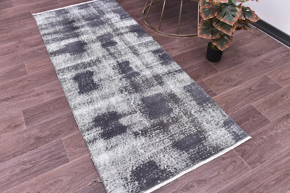 3x6 Vintage Faded Check Rug, Traditional Turkish Rug, 3x6 Rustic Color, Handmade Wool Rug, 3x6 Doormat Rug, Small Runner Rug, 3x6 Rug
