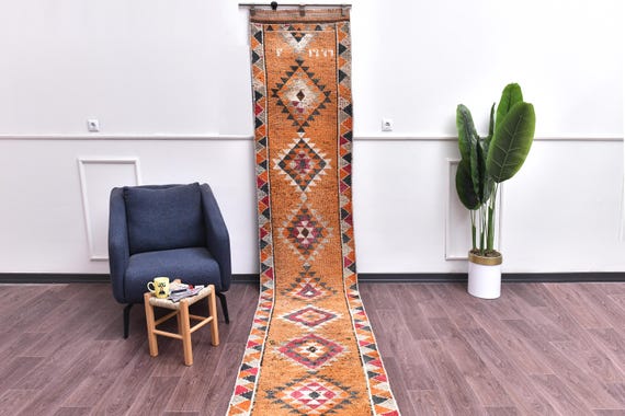 2x12 Vintage Amber Hallway Rug, Turkish Handmade Wool Rug, Kithcen Rug, 2x12 Tribal Rug, Amber Cream Color
