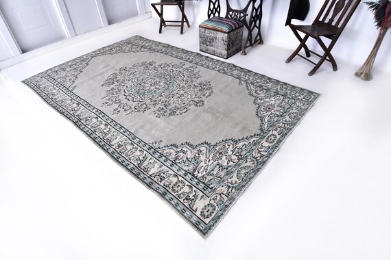 6x10 Vintage Distressed Living Room Rug, Handmade Wool, Green Gray Color, Outlet