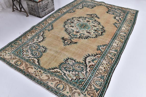 5x8 Vintage Turkish Wool Rug, Faded Brown Green Color, 5x8 Handmade Wool Rug, Medallion Area Rug, Farmhouse Decor