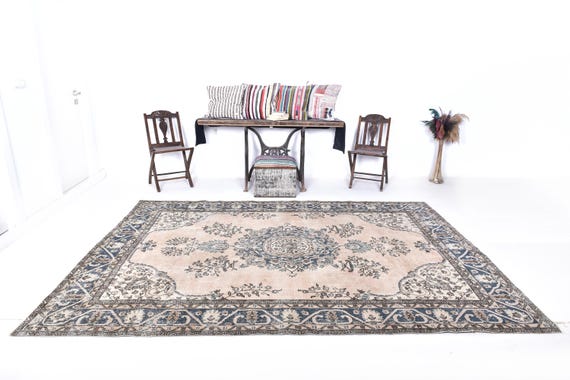 7x10 Soft Pastel Turkish Vintage Rug, 7x10 Vintage Rug, 7x10, Aesthetic Handmade Rug, Blue Tan Beige Carpet, Turkish Rug 7x10, Antique 58s