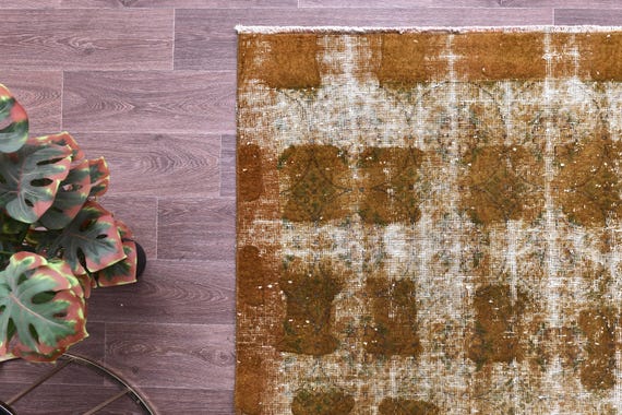 6x9 Vintage Distressed Rug, Handmade Wool Rug, 6x9  Living Room Bedroom Rug, Golden Mustard Brown Color, 6x9 Area Rug,
