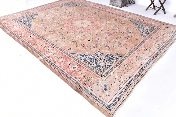 10x13 Vintage Persian Area Rug, Peach Nay Blue Oversize Persian Rug, Large Area Rug, Handmade Wool Rug, Persian Rug 10x13, Elegant Soft Rug