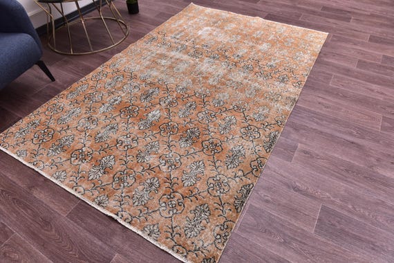 5x8 Vintage Turkish Faded Rug, 5x8 Handmade Wool Rugs, Terracotta Cream Color, 5x8 Floral Design,  5x8 Area Rugs, Living Room Rugs