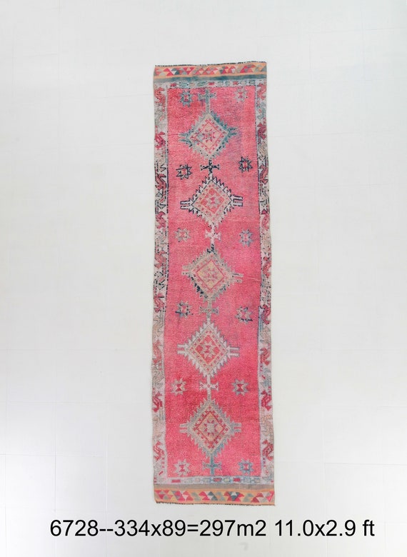 3x11 Runner Rug, 3x11 PİNK HERKİ VINTAGE Rug, 3x11, Herki Handmade Wool Rug, 3x11 Runner Rug, Wool Runner Rug, 3x11 Rugs, Turkish Runner