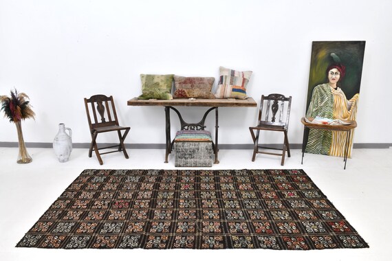 5x9 Area Rug, 5x9 Kilim Rug, 5x9 TURKISH VINTAGE KILIM Rug, Wool Hand Woven Rug, 5x9 Rug, Minimalist Eclectic Style, Black Yellow Kilim, 57s