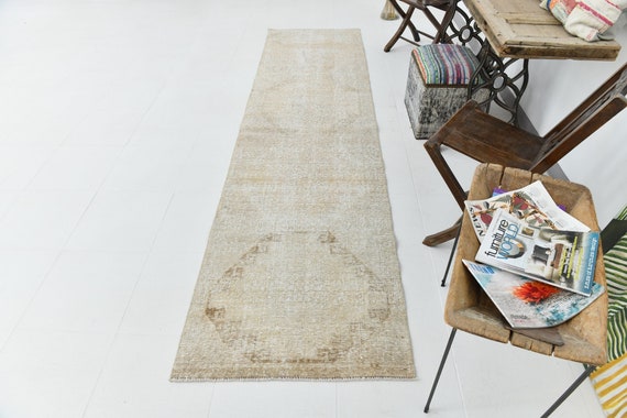 Rugs 3x10, 3x10 Turkish Vintage Oushak Runner Rug, 3x10, Wool Handmade Oushak, 3x10 Vintage Runner, Beige & Brown Rug, Runner Rug 3x10, 57s