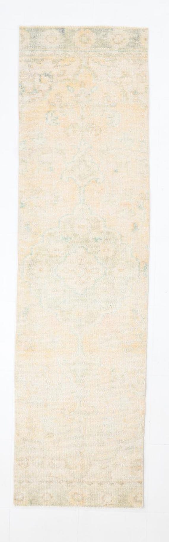 2x9 Vintage Faded Runner Rug, 2x9 Turkish Runner Rug, Beige Green Color Rug, 2x9 Hallway Rug, Farmhouse Decor, Floral Runner Rug