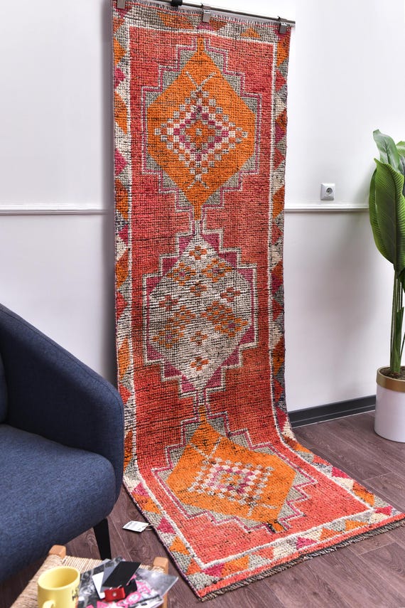 3x9 Handwoven Vintage  Runner Rug, Red Peach Color, Hallway Kithcen Runner, Traditional Pattern, Soft Wool Anatolian Rug