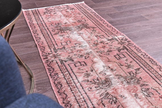 2x6 Vintage Overdyed Runner Rug, 2x6 Handmade Floral Runner, Pink Salmon Color, 2x6 Elegant Runner, 2x6 Hallway Rug, 2x6 Kithcen Runner Rug