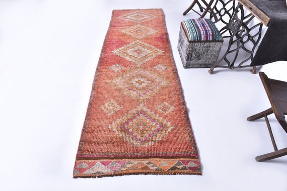 3x10 TURKISH RUNNER RUG, 3x10 Vintage Turkish Runner Rug, 3x10 Rug, Handmade Wool Herki Rug, Shades Of Orange Brown Rug, Turkish Runner 3x10