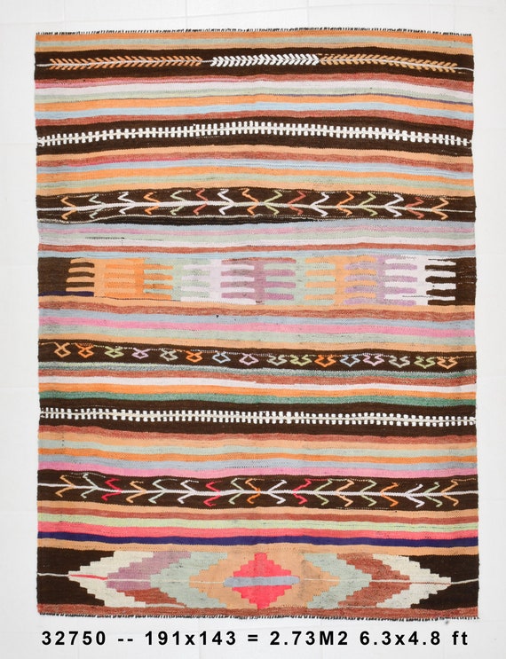 4x6 TURKISH SMALL KILIM Rug, Shades Of Brown Orange Kilim Wool Handwoven Turkey 4x6 Area Rugs Country & Farmhouse Style Kilims Anatolian 60s
