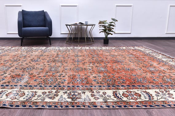 7x11 Vintage Faded Salmon Rug, Salmon Blue Cream Rug, 7x11 Floral Area Rug, 7x11 Living Room Rug, 7x11  Distressed Rug, 7x11 Handmade Rug