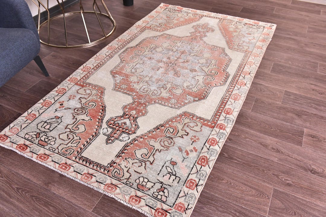 4x7 Vintage Accent Rug, 4x7 Red Blue Color Rug, Floral Design, 4x7 ...