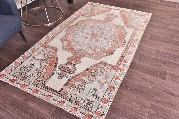 4x7 Vintage Accent Rug, 4x7 Red Blue Color Rug, Floral Design, 4x7 Distressed Floral Rug, Traditional Home Decor, Handmade Wool Rug, 4x7 Rug