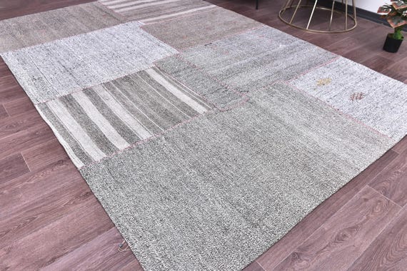 7x10 Farmhouse Patchwork Kilim,  Area Rug, 7x10 Gray Color, 7x10 Large Area Rug, Wool Handmade Kilims, Rugs 7x10, Neutral Rug, Tribal Kilim