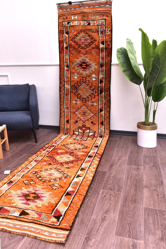 2x13 Vintage Soft Hallway Runner Rug, Copper Peach Black Color, Handmade Wool Rug, Tribal Design