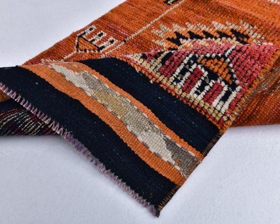2x12 Pumpink Orange Blue Vintage Runner Rug, 2x12 Vintage Runner, 2x12 Rug, Handmade Oriental Rug, 2x12 Runner Rug, 2x12 Oushak Runner, 60s