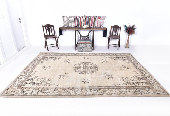 7x10 Area Rug, 7x10 Oriental Vintage, 7x10 Brown Beige Oversize Vintage Rug, Large Area Rug, 7x10 Rugs, Aesthetic Handmade Rug, Antique 57s