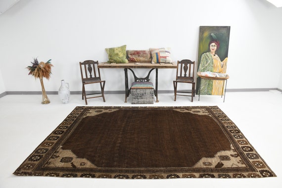 6x9 Brown Turkish Vintage Rug, 6x9 Vintage Rug 6x9 Wool Handmade Persian 6x9 Rugs Dark Brown Carpet 6x9 Vintage Rugs For Living Room Antique