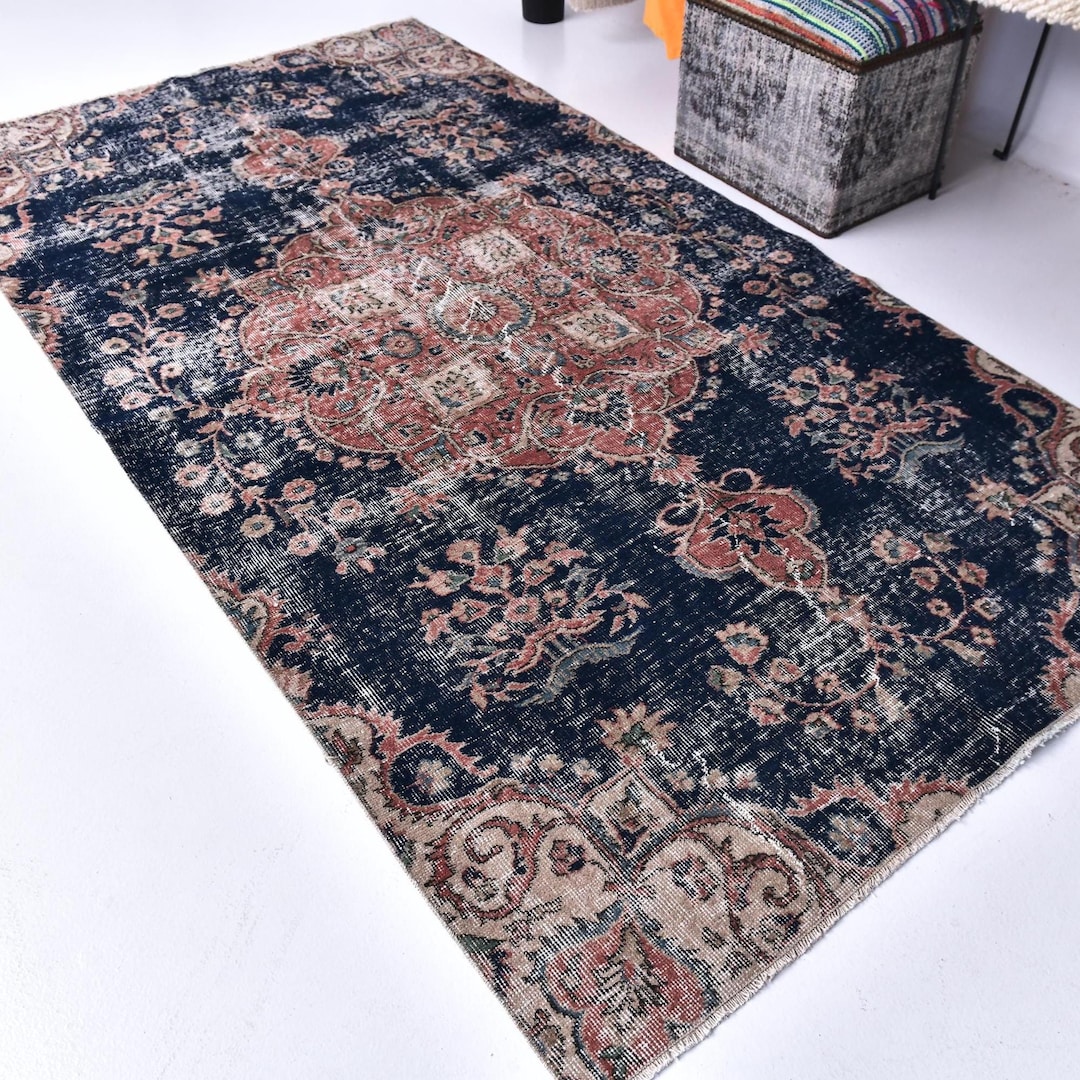 4x8 Elegant Vintage Navy Blue Area Rug, 4x8 Red Floral Medallion ...