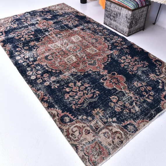 4x8 Elegant Vintage Navy Blue Area Rug, 4x8 Red Floral Medallion Pattern, 4x8 Distressed Persian Style Rug, Traditional Home Decor, 4x8 Rug