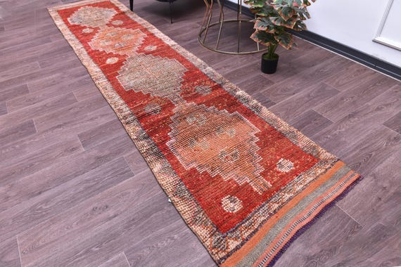 3x12 Vintage Runner Rug, Handmade Wool Runner, 3x12, Hallway Rug, 3x12 Farmhouse Rug, Kithcen Rug, Red Orange Color, Medallion Design