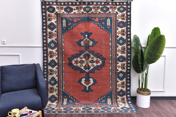 6x8 Vintage Handmade Turkish Rug, Milas Rug, Red Blue Color, Tribal Home Decor, Living Room Rug, Rug Outlet