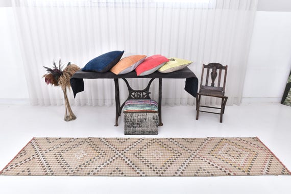 2x10 Orange & Brown Runner, 2x10 Turkish Vintage Kilim Rug, 2x10 Narrow Kilim, 2x10 Oushak Handmade Kilim, 2x10 Antique Runner 60's 2x10 Rug