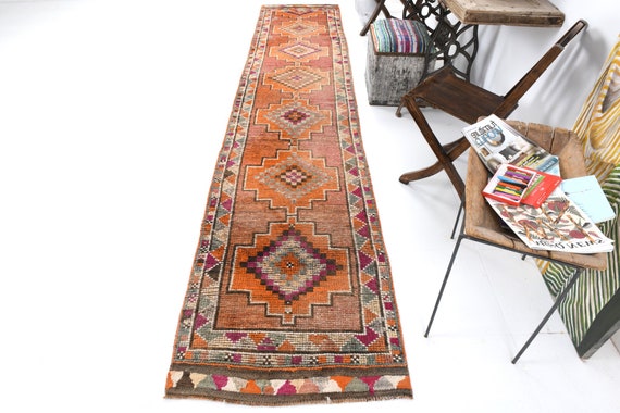 3x13 Orange Herki Vintage Runner Rug, 3x13 Vintage Runner, Wool Handmade Oushak, 3x13 Rug, Orange & Brown Carpet, 3x13 Herki Runner, Antique