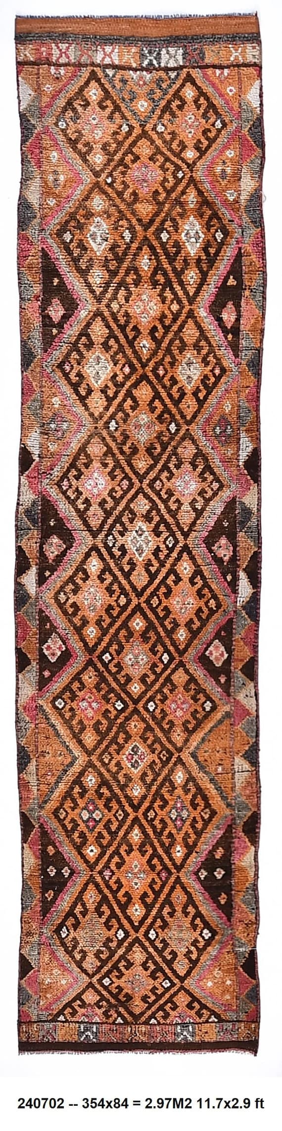 Vintage Moroccan Runner Rug 3x12,Vintage Distressed Rug,Vintage Turkish Runner Rug,Geometric Wool Runner Rugs 3x12, Muted Orange Runner Rugs