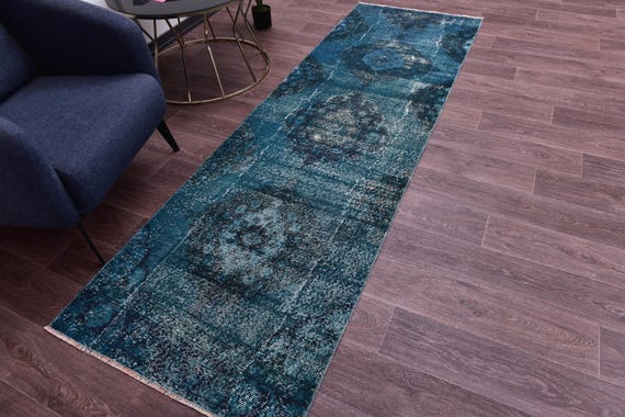 3x9 Vintage Turkish Teal Runner Rug, 3x9 Turkish Hallway Rug, Handmade Runner Rug, Vintage Home Decor, Farmhouse Rug, 3x9 Hallway Runner