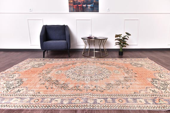 6x10 Area Rug, 6x10 Faded Vintage, 6x10 Soft Pale Turkish Vintage Rug, Wool Handmade Turkey, 6x10 Turkish Rug, Peach & Green Carpet, Boho