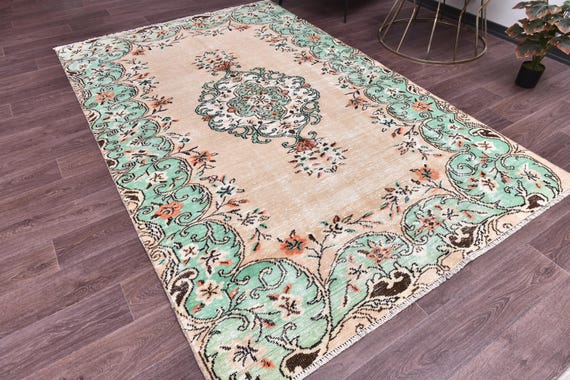 6x9 Vintage Faded Area Rug, Mint Green Cream Color, Farmhouse Decor, Floral Design Rug, Living Room Bedroom Rug, Ornate Border