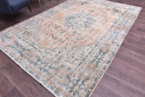 7x11 Vintage Faded Peach Rug, 7x11 Peach Blue Rug, 7x10 Floral Area Rug, 7x10 Living Room Kithcen Rug, 7x10 Handmade Area Rug, Farmhouse Rug