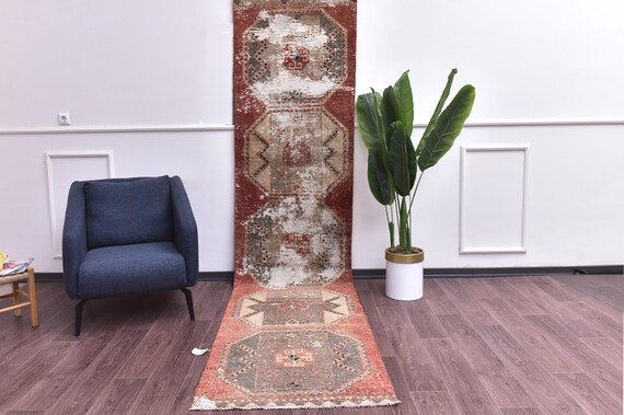3x12 Vintage Handmade  Runner Rug, Handwoven Wool, Rug For Hallway Kithcen, Terracotta Brown Color
