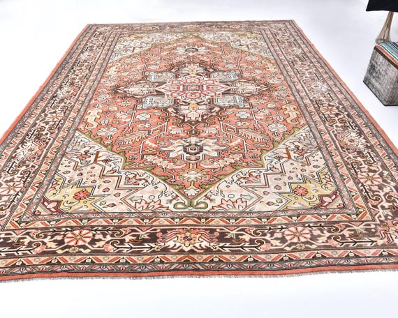 10x13 Peach Red and Brown Unique Rug, Oversize Unique Rug, Large Area Rug, 10x13 Rug, Wool Handmade Unique, Unique Rug 10x13, Antique
