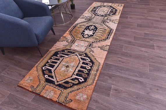3x10 Vintage Peach Runnner Rug, 3x10 Handmade Wool, 3x10 Peach Blue Color, 3x10 Hallway Runner Rug, 3x10 Kithcen Runner Rug, Tribal Rug