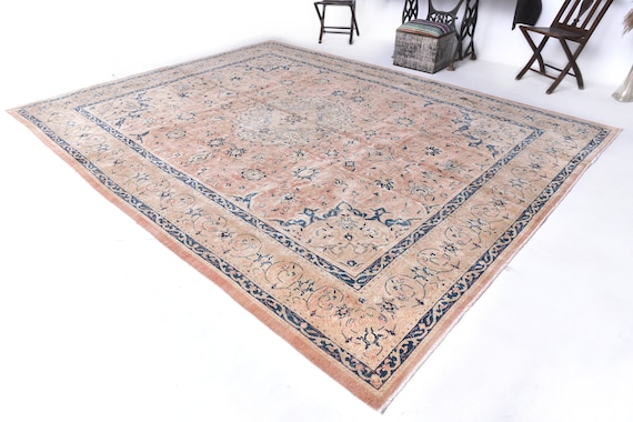 10x12 Persian Area Rug, Large Area Rug, 10x12 Persian Rug, Handmade Wool Persian Rug, 10x12 Rugs, Blue Peach Rug, Rugs For Living Room