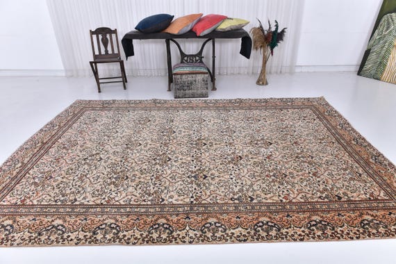Antique Vintage Turkish Rug, 7x11 Tan, Beige & Taupe Colored Rug, Extra Large Area Rug, 7x11 Floral Handmaded Turkish Rug, Soft Wool Rug,