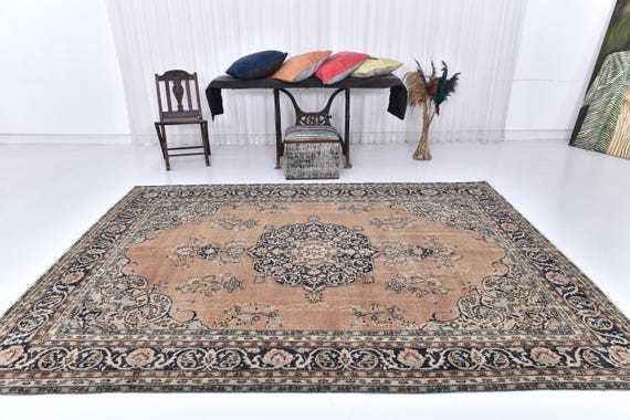 Antique Vintage Persian Rug, 7x10 Persian Rug ,7x10 Orange & Blue Persian Rug, 7x10, Washable Handmade Large Wool Rug, 7x10 Retro Rug 1960's